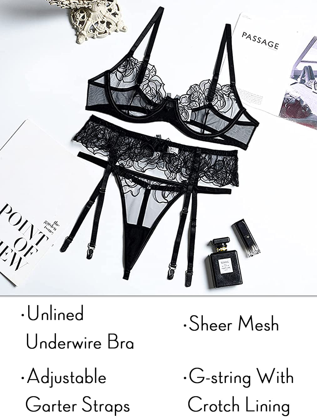 Kaei&Shi Embroidered Lace Sheer,Underwire,G-String,3 Piece,Garter Lingerie Set Apparel & Accessories > Clothing > Underwear & Socks > Lingerie Kaei&Shi   