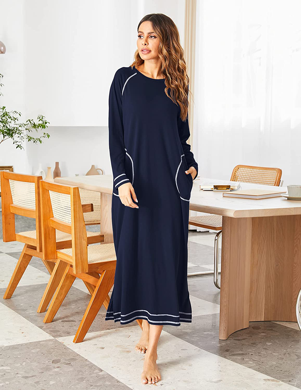 Ekouaer Women'S Nightshirt Long Sleeve Nightgown round Neck Sleepwear Full Length Pajama Dress with Pockets Loungewear S-XXL Apparel & Accessories > Clothing > Sleepwear & Loungewear > Nightgowns Kylie Max   