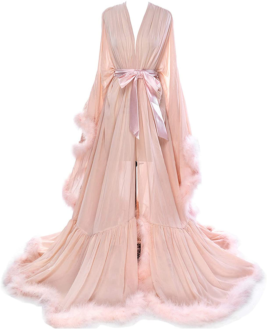 Molisa Women'S Sexy Feather Bridal Robe Long Wedding Scarf Illusion Bathrobe Sleepwear Lingerie Robe Nightgown Apparel & Accessories > Clothing > Sleepwear & Loungewear > Robes Molisa Blush XX-Large 