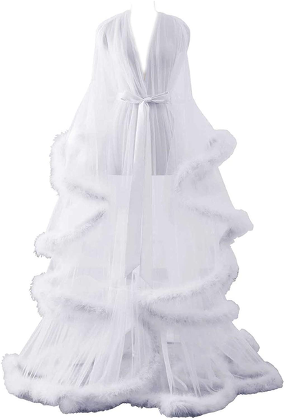 Changuan Sexy Illusion Long Lingerie Robe Nightgown Bathrobe Sleepwear Feather Bridal Robe Wedding Scarf Apparel & Accessories > Clothing > Sleepwear & Loungewear > Robes Changuan   