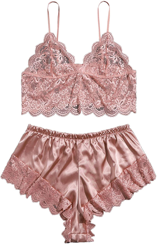 SOLY HUX Women'S plus Size Spaghetti Strap Lace Trim Bralette and Shorts Sleepwear Pajama Lingerie Set Apparel & Accessories > Clothing > Underwear & Socks > Lingerie KYLIE MAX Pink Satin 3X-Large 