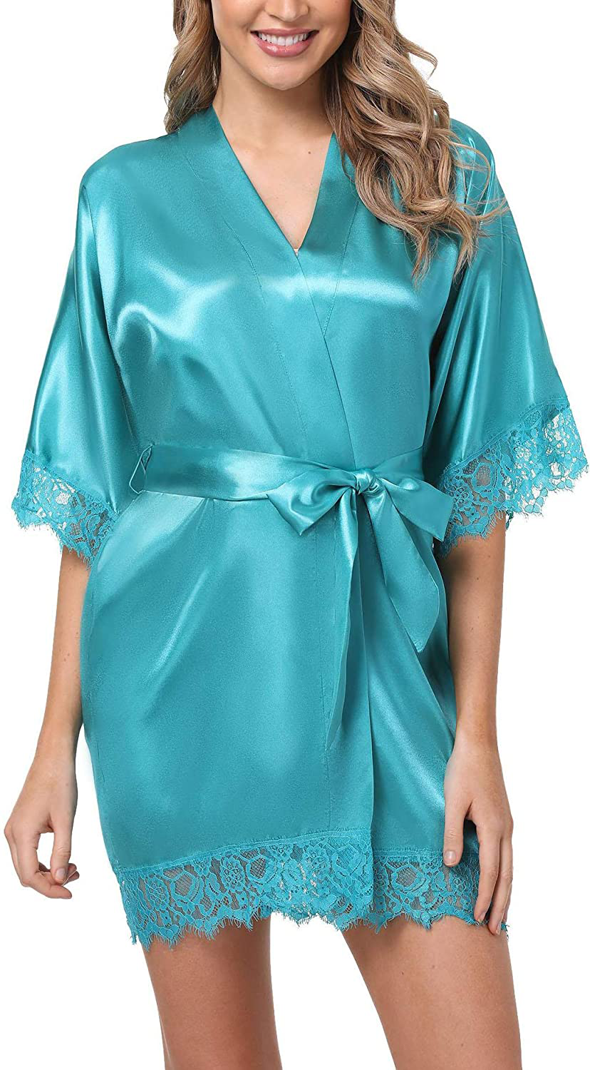 Old-Times Women Satin Short Robes for Bridesmaid Bride Sexy Nightgown Lace Trim Lightweight Bathrobe Apparel & Accessories > Clothing > Sleepwear & Loungewear > Robes Old-Times   