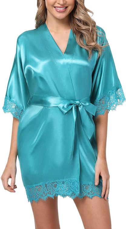 Old-Times Women Satin Short Robes for Bridesmaid Bride Sexy Nightgown Lace Trim Lightweight Bathrobe Apparel & Accessories > Clothing > Sleepwear & Loungewear > Robes Old-Times   