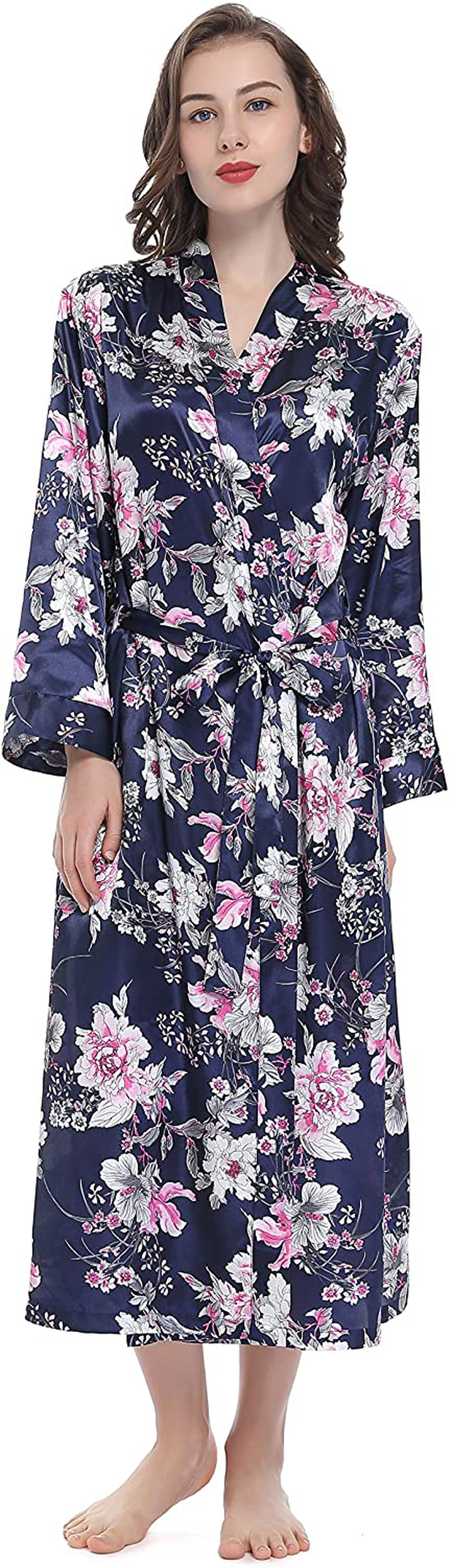 Lavenderi Women'S Long Classic Satin Kimono Lounge Bathrobe Robe Apparel & Accessories > Clothing > Sleepwear & Loungewear > Robes Lavenderi Peony Medium 