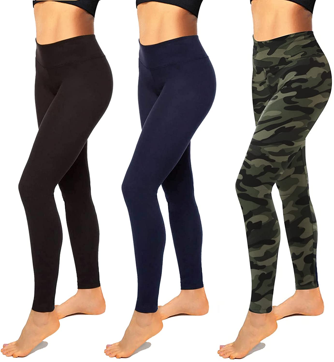 High Waisted Leggings for Women-Womens Black Seamless Workout Leggings Running Tummy Control Yoga Pants Reg&Plus Size Apparel & Accessories > Clothing > Underwear & Socks > Shapewear Hi Clasmix 3 Pack Black, Army Green Camo, Navy Blue Large-X-Large 