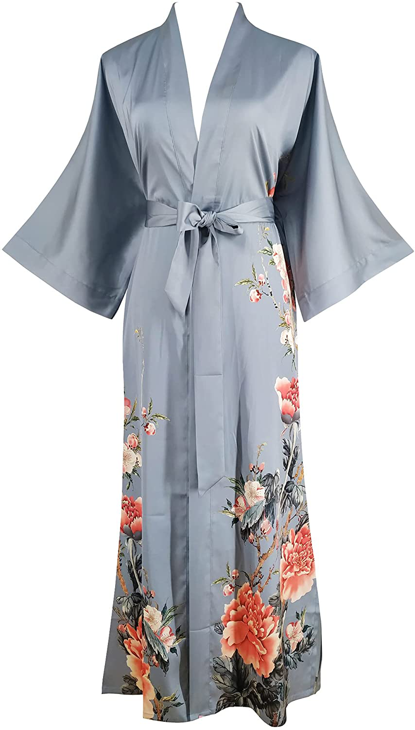 Ledamon Women'S Kimono Robe Long - Classic Pocket Floral Bathrobe Nightgown Apparel & Accessories > Clothing > Sleepwear & Loungewear > Robes Ledamon Blue Gray  