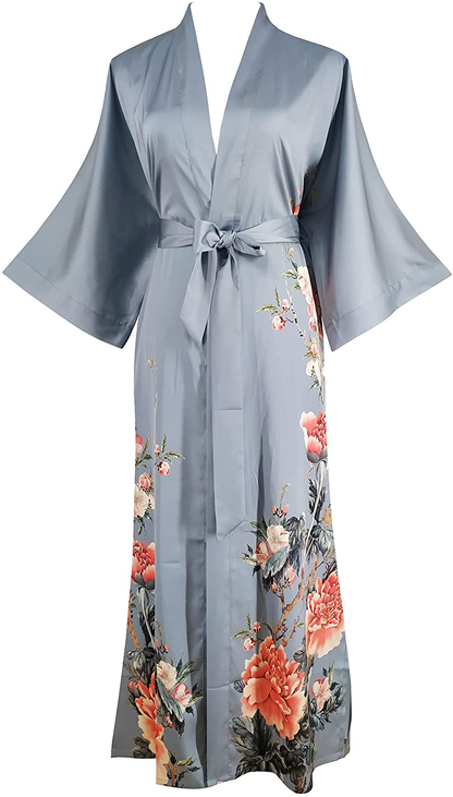 Ledamon Women'S Kimono Robe Long - Classic Pocket Floral Bathrobe Nightgown Apparel & Accessories > Clothing > Sleepwear & Loungewear > Robes Ledamon Blue Gray  