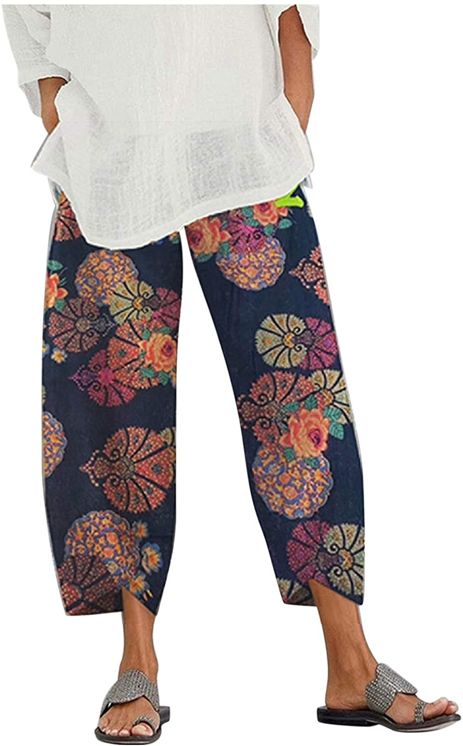 Burband Womens Thai Pants Bohemian Yoga High Waist Harem Pants Flowy Floral Print Wide Leg Palazzo Lounge Trousers Apparel & Accessories > Clothing > Underwear & Socks > Shapewear Burband 1black XX-Large 