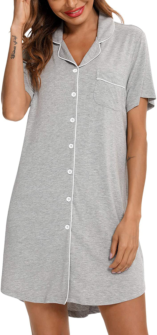 Samring Nightgown for Women Sleep Shirt Short Long Sleeve Sleepwear Boyfriend Nightshirt Button down Pajama Dress S-XXL Apparel & Accessories > Clothing > Sleepwear & Loungewear > Nightgowns Kylie Max   