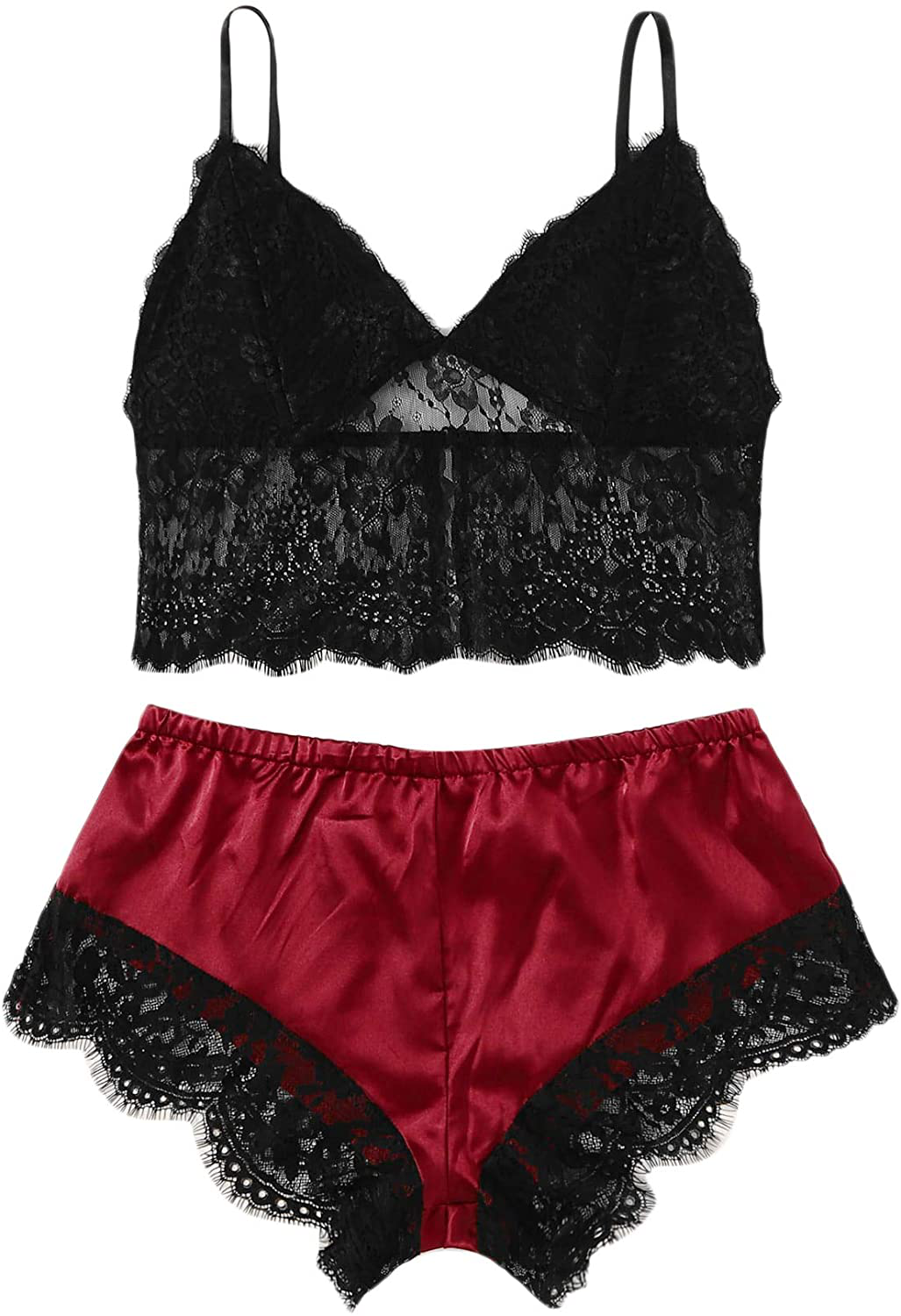 Verdusa Women'S Sleepwear V Neck Lace Wireless Cami Top & Satin Shorts Lingerie Chemise Pajama Set Apparel & Accessories > Clothing > Sleepwear & Loungewear Kylie Max   