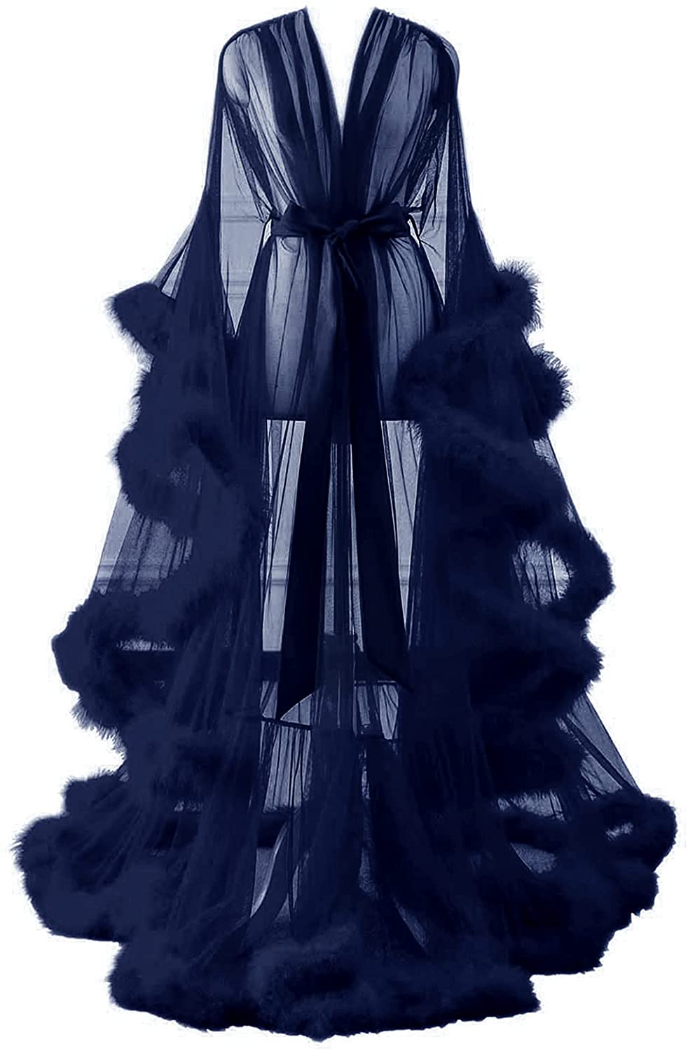 Changuan Sexy Illusion Long Lingerie Robe Nightgown Bathrobe Sleepwear Feather Bridal Robe Wedding Scarf Apparel & Accessories > Clothing > Sleepwear & Loungewear > Robes Changuan Navy XX-Large 
