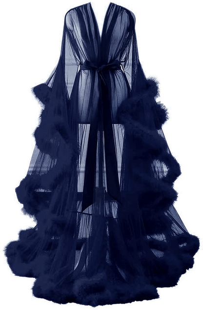Changuan Sexy Illusion Long Lingerie Robe Nightgown Bathrobe Sleepwear Feather Bridal Robe Wedding Scarf Apparel & Accessories > Clothing > Sleepwear & Loungewear > Robes Changuan Navy XX-Large 