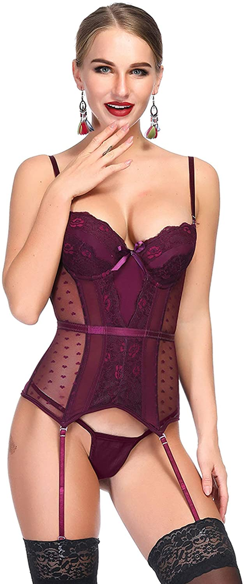 Topmelon Sexy Corset Lingerie for Women Lace Corset Bustier Garter Straps Overbust Corsette Boudoir Outfits Apparel & Accessories > Clothing > Underwear & Socks > Lingerie TOPMELON Burgundy Medium 