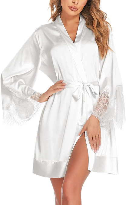 Ekouaer Satin Robes for Women Silk Robe Short Kimono Robe Bridal Robe Silky Bathrobe Lace-Trim Cuff Sleepwear S-XXL Apparel & Accessories > Clothing > Sleepwear & Loungewear > Robes Ekouaer White X-Large 