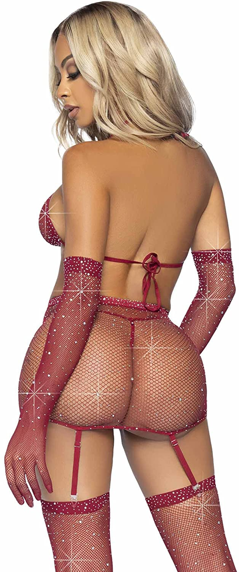 Leg Avenue Womens 5 Pc Rhinestone Fishnet Garter Skirt Set with Bikini Top, G-String, Gloves, and Matching Stockings Apparel & Accessories > Clothing > Underwear & Socks > Lingerie Leg Avenue   