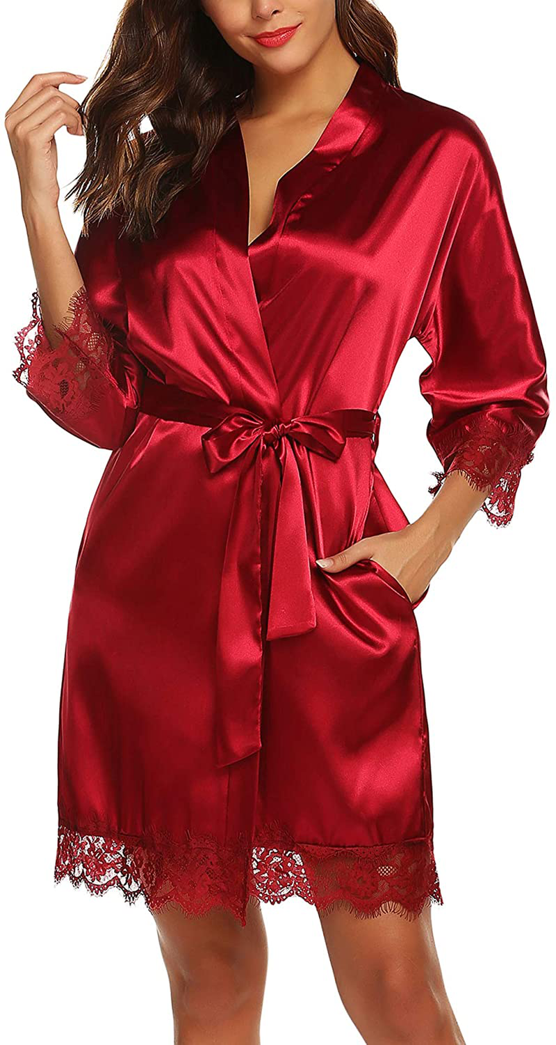 URRU Women'S Satin Silk Bathrobe Oblique V-Neck Short Kimono Robe Bridesmaids Robe S-XXXL Apparel & Accessories > Clothing > Sleepwear & Loungewear > Robes KYLIE MAX Red Large 