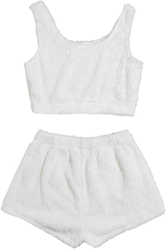 Sweatyrocks Women'S Fluffy Pajamas Set Crop Tank Top with Shorts Loungewear Apparel & Accessories > Clothing > Sleepwear & Loungewear Kylie Max   