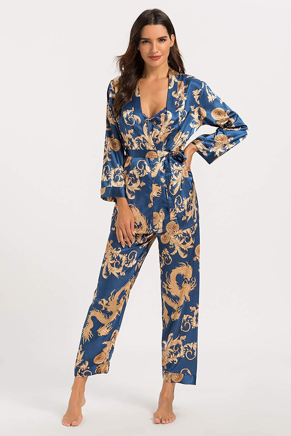 Escalier Women'S Silk Satin Pajamas Set 3 Pcs Floral Silky Pj Sets Sleepwear Cami Nightwear with Robe and Pant Apparel & Accessories > Clothing > Sleepwear & Loungewear Kylie Max   