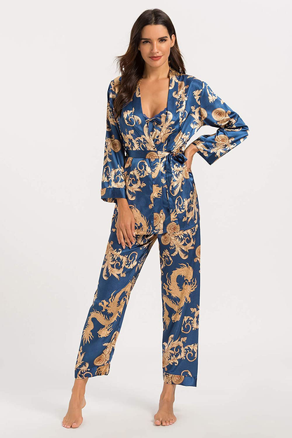 Escalier Women'S Silk Satin Pajamas Set 3 Pcs Floral Silky Pj Sets Sleepwear Cami Nightwear with Robe and Pant Apparel & Accessories > Clothing > Sleepwear & Loungewear Kylie Max   
