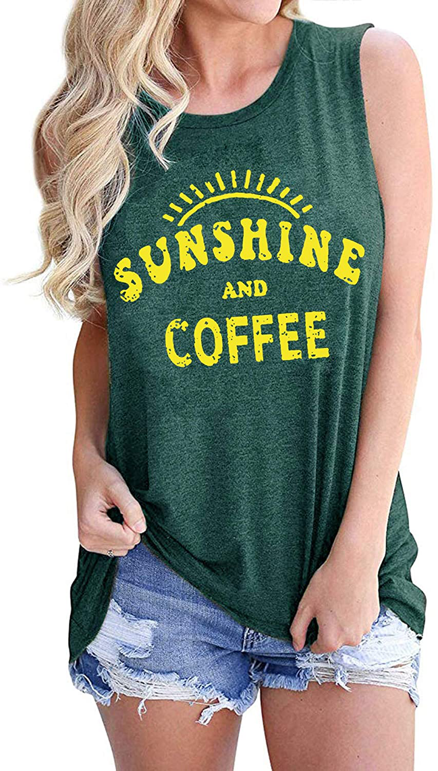 Umsuhu Sunshine and Coffee Tank Casual Summer Graphic Tank Tops for Women Sleeveless Graphic Tank Tops Tee Shirts Apparel & Accessories > Clothing > Activewear Kylie Max   