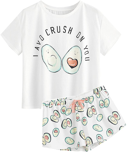 DIDK Women'S Cute Cartoon Print Tee and Shorts Pajama Set Apparel & Accessories > Clothing > Sleepwear & Loungewear > Pajamas Kylie Max   
