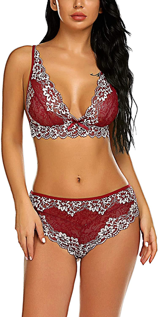 Avidlove Lingerie for Women Sexy Bra and Panty Set 2 Piece Outfits Lace Babydoll Bodysuit Apparel & Accessories > Clothing > Underwear & Socks > Lingerie Avidlove Dark Red Small 