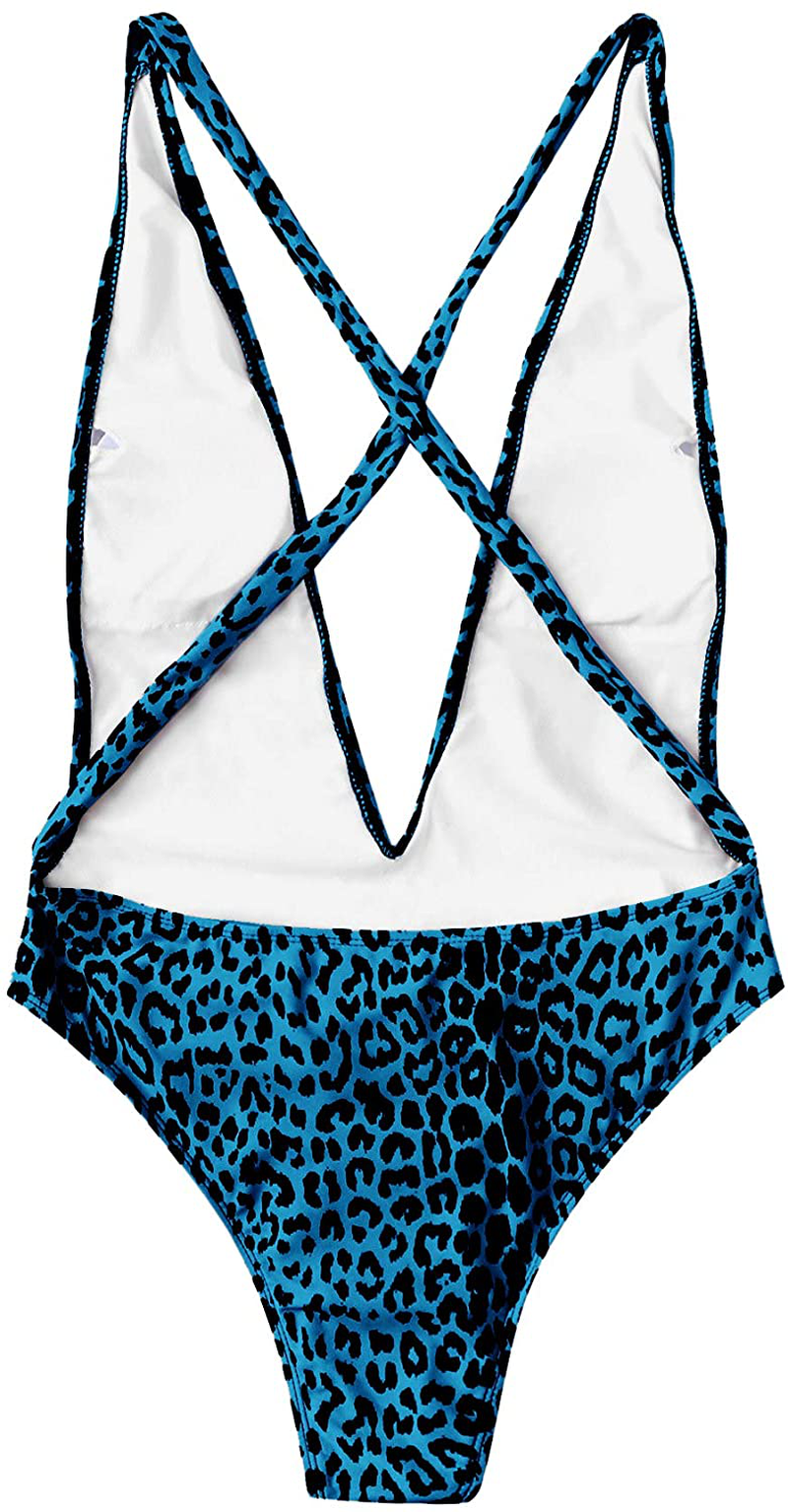 Sweatyrocks Women'S Sexy Bathing Suits Criss Cross Tie Knot Front Deep V Open Back Leopard One Piece Swimwear Apparel & Accessories > Clothing > Swimwear Kylie Max   