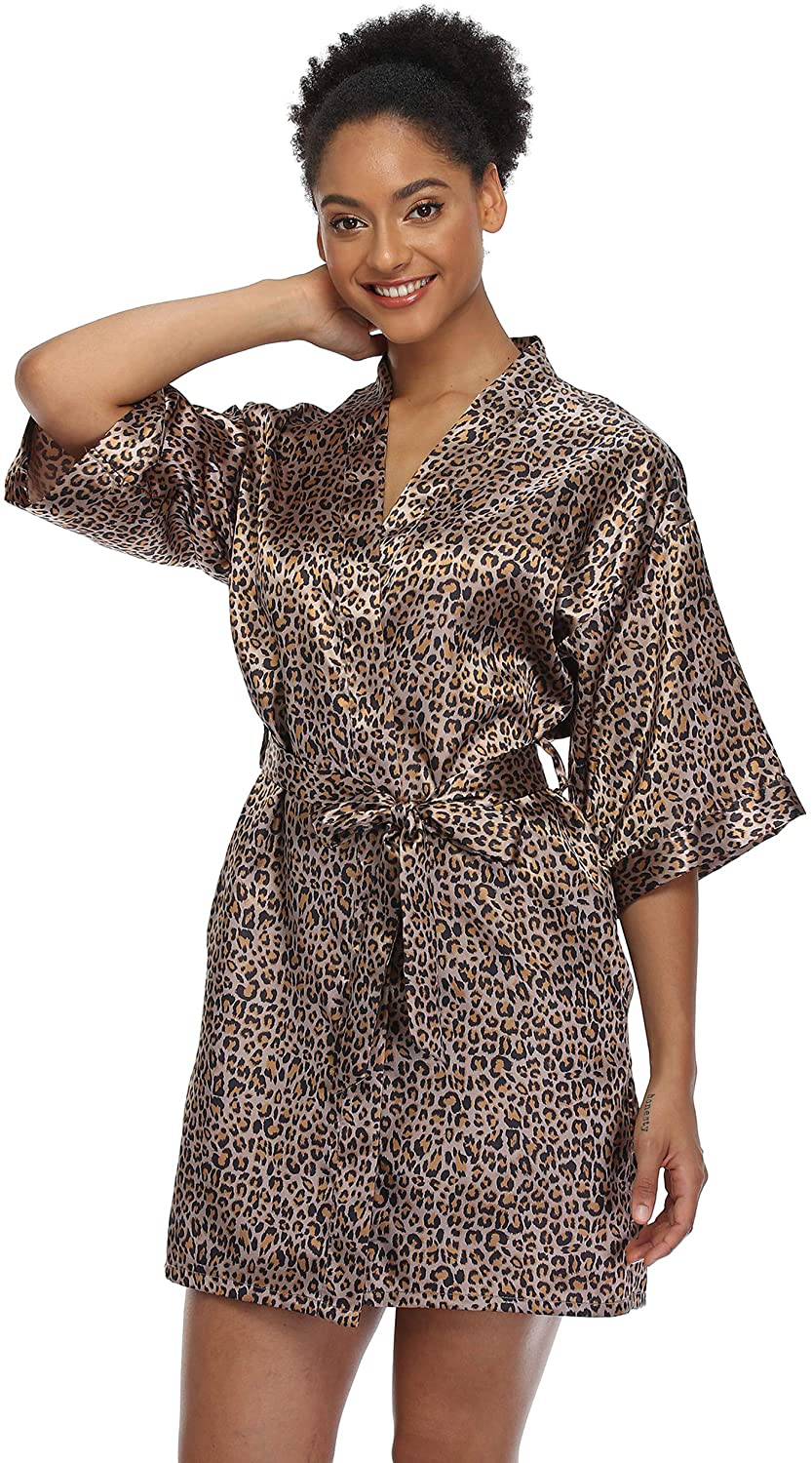 SUGAR JAN Women'S Short Satin Kimono Robes for Bride and Bridesmaids Silky Pure Color Bathrobe with Pockets Apparel & Accessories > Clothing > Sleepwear & Loungewear > Robes SUGAR JAN Leopard XX-Large 