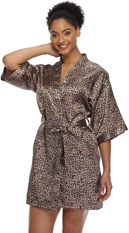 SUGAR JAN Women'S Short Satin Kimono Robes for Bride and Bridesmaids Silky Pure Color Bathrobe with Pockets Apparel & Accessories > Clothing > Sleepwear & Loungewear > Robes SUGAR JAN Leopard XX-Large 