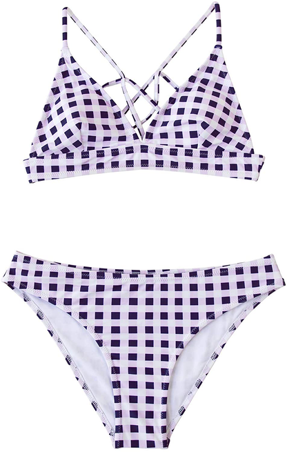 CUPSHE Women’s Bikini Swimsuit Stripe V Neck Back Cross Two Piece Bathing Suit Apparel & Accessories > Clothing > Swimwear KYLIE MAX   