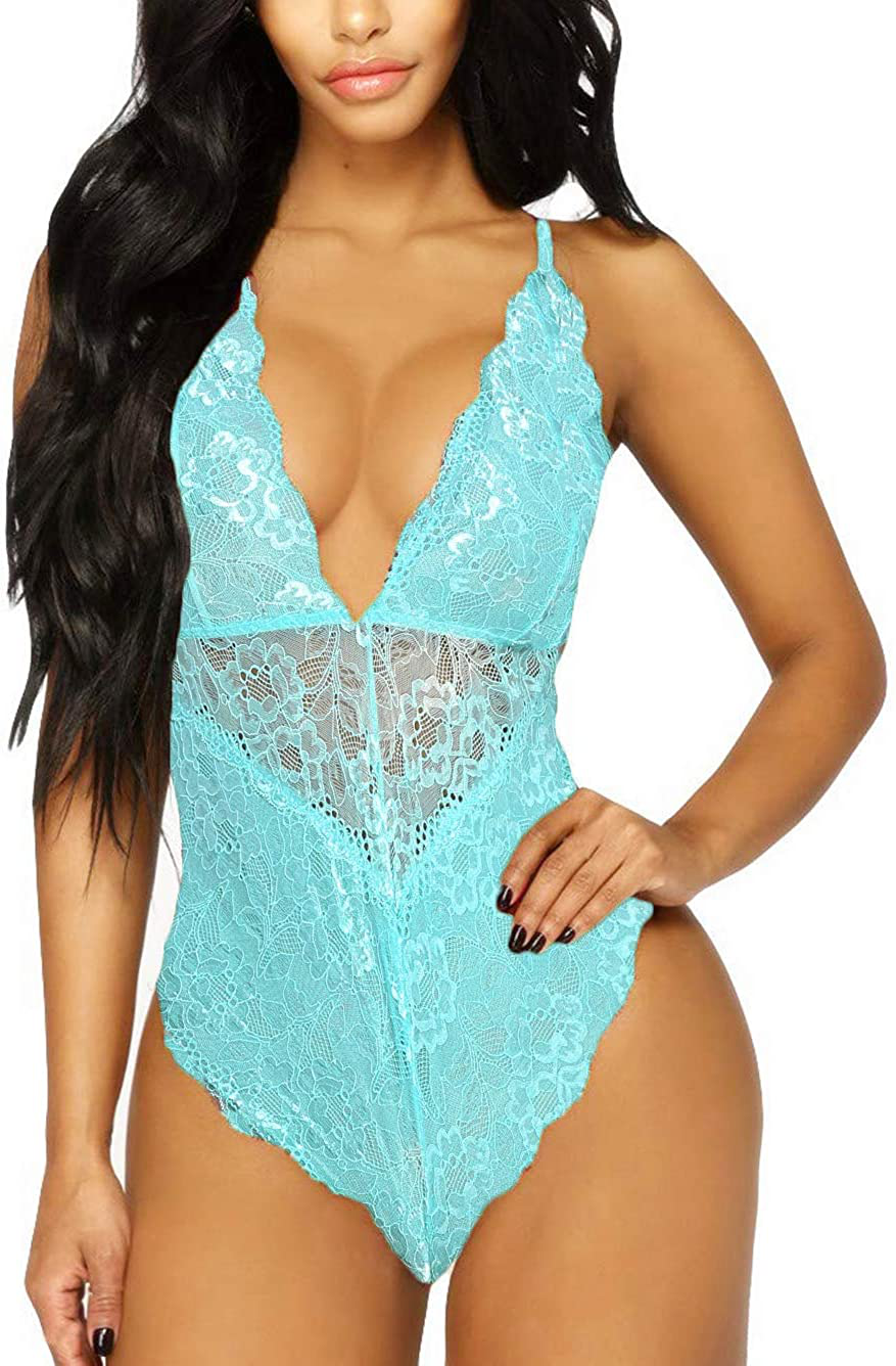 Kaei&Shi V-Neck See Through Lingerie Floral Lace Babydoll Sexy Lingerie for Women One Piece Bodysuit Apparel & Accessories > Clothing > Underwear & Socks > Lingerie Kaei&Shi Mint Small 