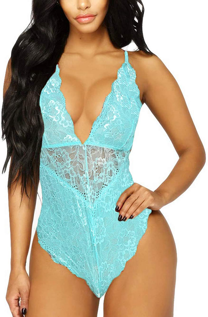 Kaei&Shi V-Neck See Through Lingerie Floral Lace Babydoll Sexy Lingerie for Women One Piece Bodysuit Apparel & Accessories > Clothing > Underwear & Socks > Lingerie Kaei&Shi Mint Small 