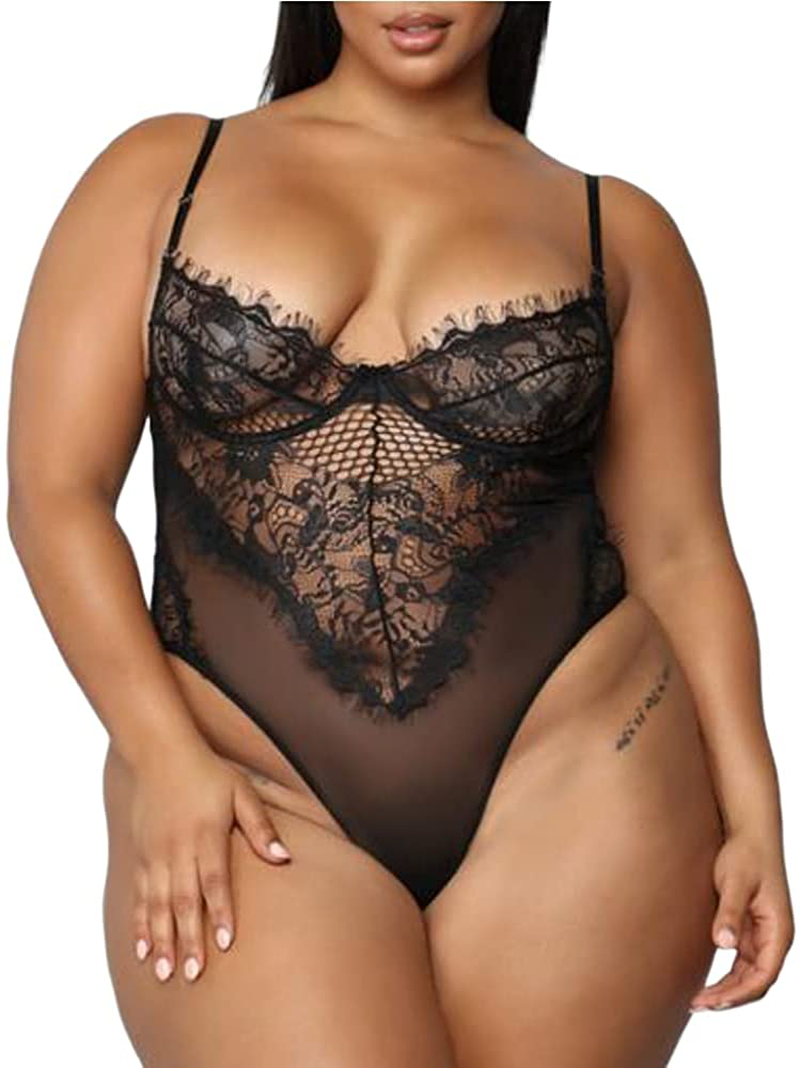 Plus Size Sexy Lingerie for Women Sheer Mesh One Piece High Waist Eyelash Lace Bodysuit Deep V-Neck Teddy Apparel & Accessories > Clothing > Underwear & Socks > Lingerie Ella Lust Black X-Large 