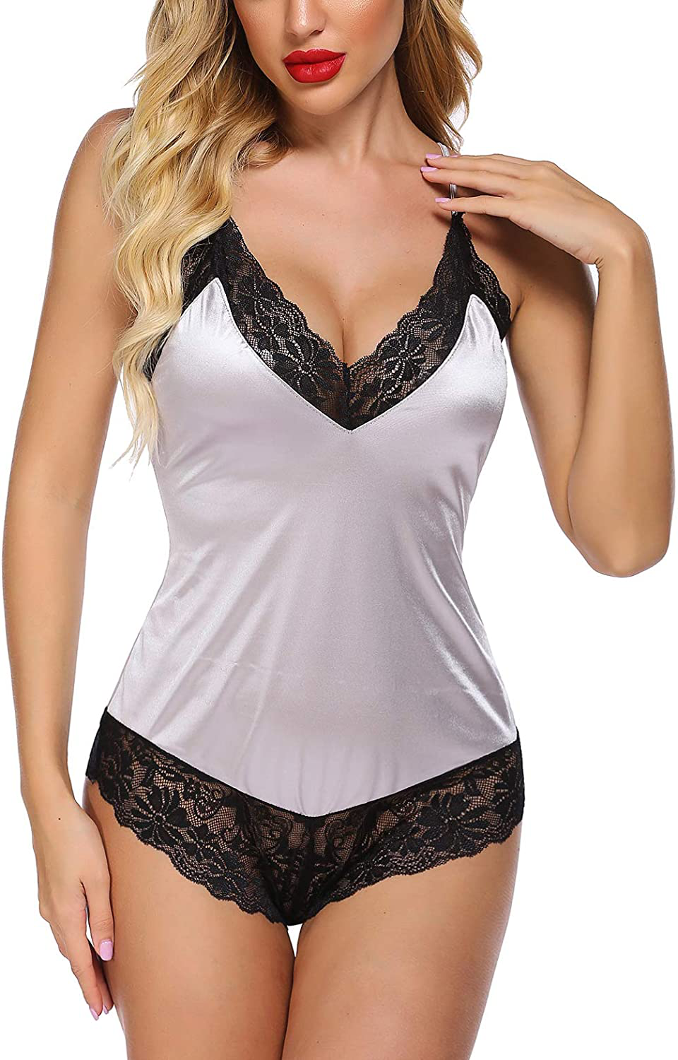 Avidlove Women Satin Lingerie Bodysuit Deep-V Stretch Teddy One Piece Lace Babydoll Short Jumpsuit Pajamas Apparel & Accessories > Clothing > Underwear & Socks > Lingerie Avidlove Grey X-Large 