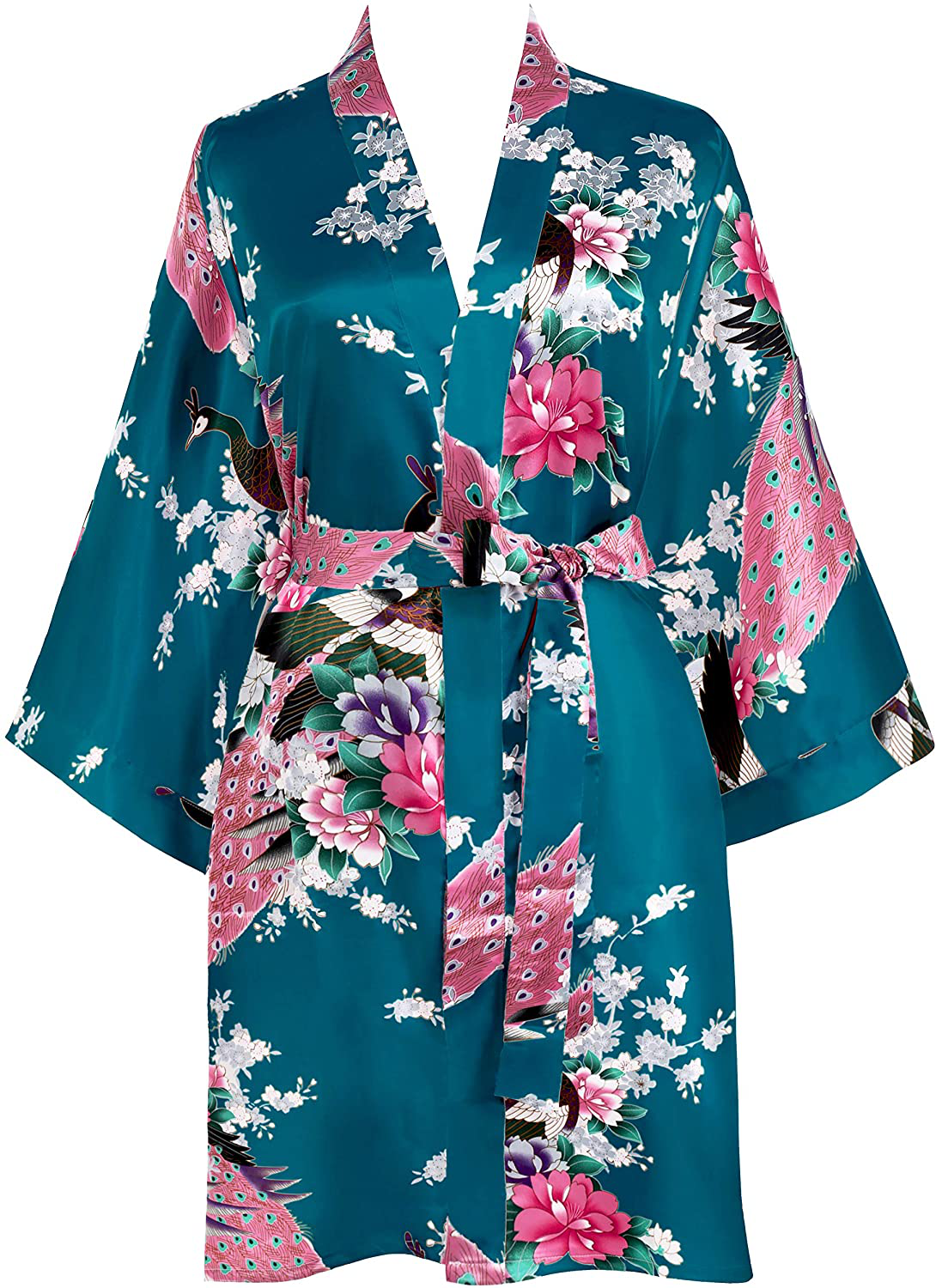 BABEYOND Short Kimono Robe Blouse Peacock Printed Kimono Cover up Loose Cardigen Apparel & Accessories > Clothing > Sleepwear & Loungewear > Robes KYLIE MAX Turquoise  