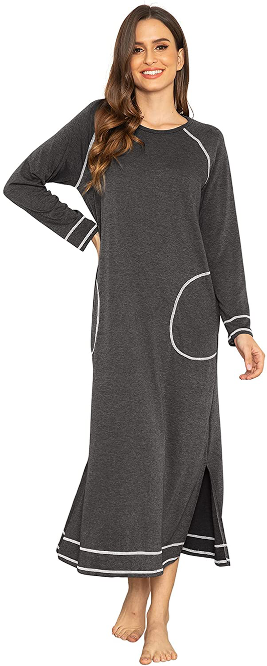 Ekouaer Women'S Nightshirt Long Sleeve Nightgown round Neck Sleepwear Full Length Pajama Dress with Pockets Loungewear S-XXL Apparel & Accessories > Clothing > Sleepwear & Loungewear > Nightgowns Kylie Max   