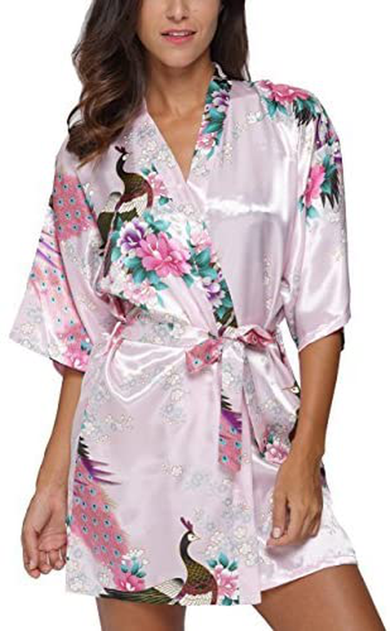 Original Kimono Women'S Short Satin Kimono Robe Floral Peacock Patterned Bathrobe Silky Bridal Nightwear Apparel & Accessories > Clothing > Sleepwear & Loungewear > Robes Original Kimono Pink X-Large 