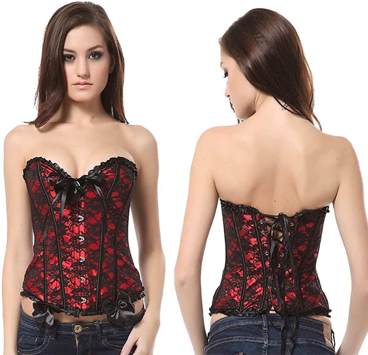 Loboo Idea Women'S Lace up Boned Overbust Corset Bustier Bodyshaper Top, Trim Corset Overbust Waist Cincher Bustier Top Apparel & Accessories > Clothing > Underwear & Socks > Lingerie Loboo Idea Red 4-6 