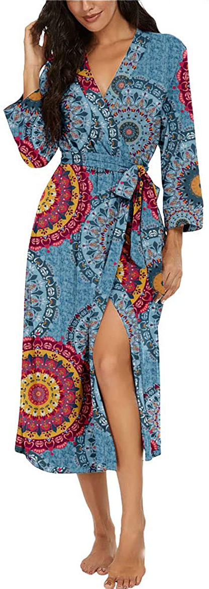 VINTATRE Women Kimono Robes Long Knit Bathrobe Lightweight Soft Knit Sleepwear V-Neck Casual Ladies Loungewear Apparel & Accessories > Clothing > Sleepwear & Loungewear > Robes VINTATRE A02 Fp-mix Blue Large 