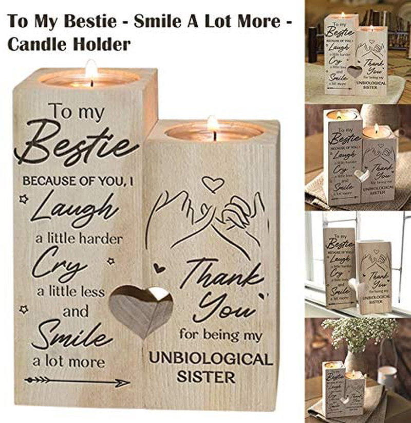 LEFUYAN to My Bestie Candle Holder -Because of You I Laugh Smile More Cry Less Thank You for Being My Unbiological Sister Women Teen Girl Friend Personalized Custom Friendship Christmas Birthday Gift Arts & Entertainment > Party & Celebration > Gift Giving LEFUYAN   