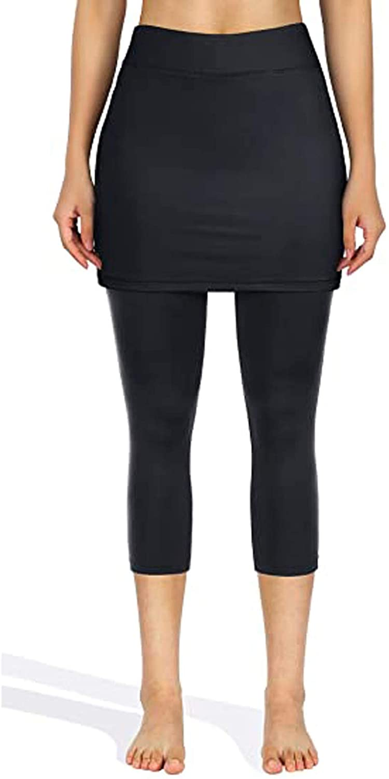 Burband Womens Skirted Leggings Capri Skirt Yoga Active Tights Pants Golf Tennis Workout Skort Sport Leggings with Pockets Apparel & Accessories > Clothing > Underwear & Socks > Shapewear Burband Black XX-Large 