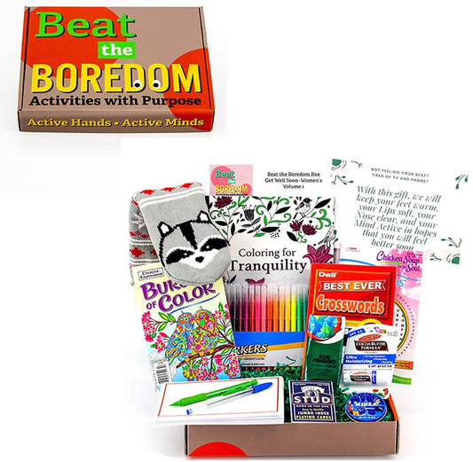 Get Well Gifts for Women Beat the Boredom Box Non Food Gift Basket Get Well Message Plush Non-Slip Socks Lip Balm Travel Tissue Cream Crossword Book Word Search Book Adult Coloring Books Cards Markers Arts & Entertainment > Party & Celebration > Gift Giving Beat the Boredom Box   