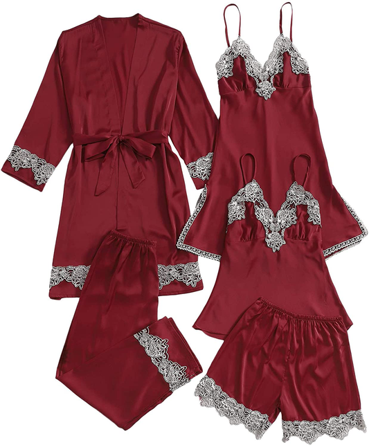 SOLY HUX Women'S Sleepwear 4Pcs Floral Print Satin Cami Pajama Set with Robe Apparel & Accessories > Clothing > Sleepwear & Loungewear Kylie Max   
