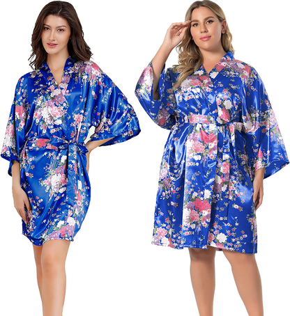 EPLAZA Women Floral Satin Robe Bridal Dressing Gown Wedding Bride Bridesmaid Kimono Sleepwear Apparel & Accessories > Clothing > Sleepwear & Loungewear > Robes EPLAZA Sapphire Small-Medium 
