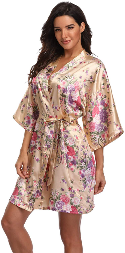 Women'S Floral Short Satin Bridesmaid Robes Silky Bride Robes Getting Ready Apparel & Accessories > Clothing > Sleepwear & Loungewear > Robes Super Shopping-zone Champagne Floral Large 