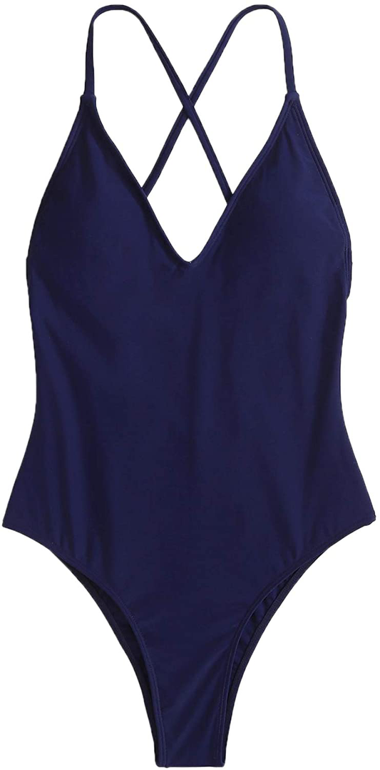 SOLY HUX Women'S Plunge Neck Cross Back High Cut One Piece Bathing Suits Swimsuit Apparel & Accessories > Clothing > Swimwear Kylie Max   