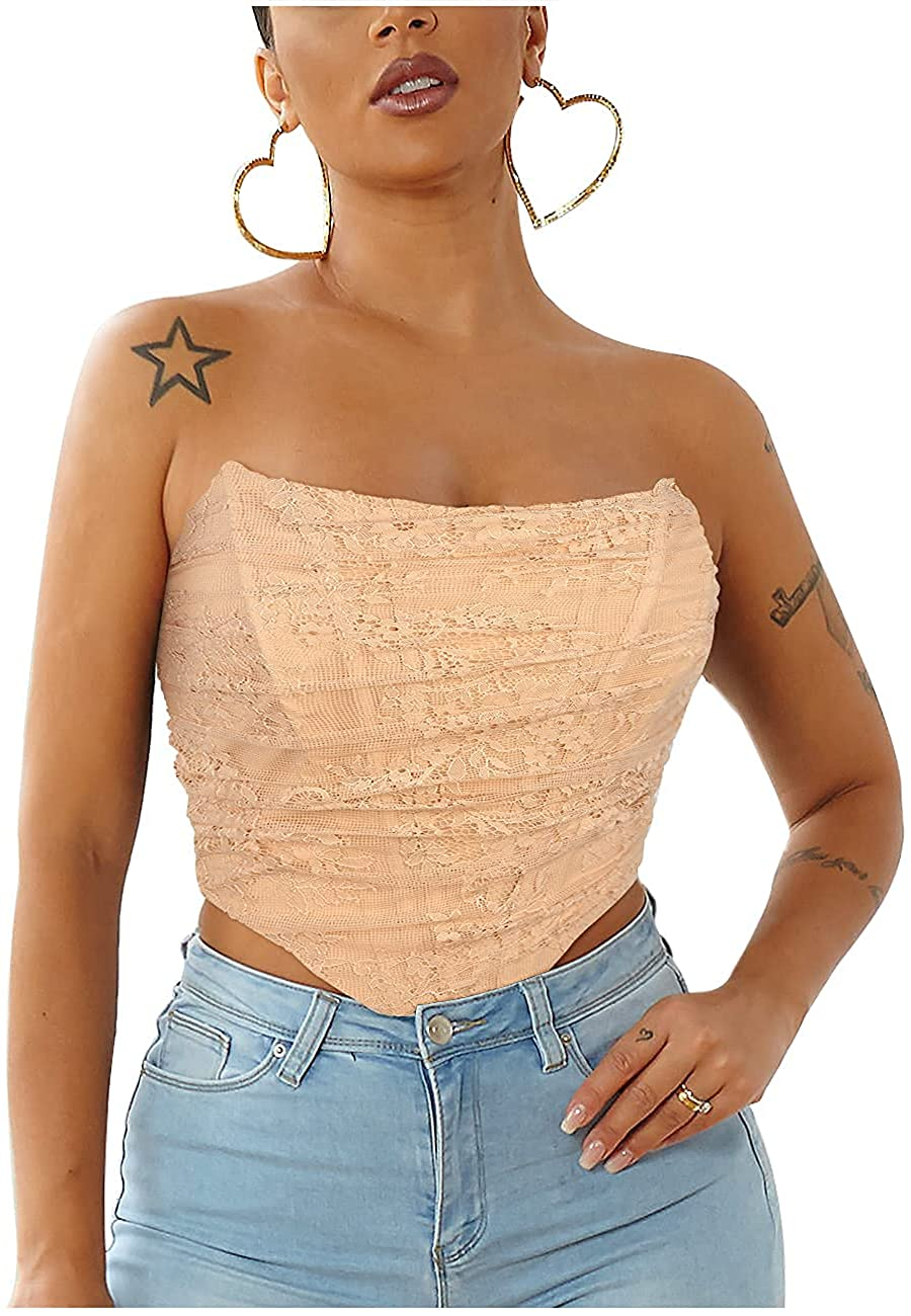 Junova Women'S Sexy Strapless Floral Lace Bustier Open Back Boned Corset Crop Top Apparel & Accessories > Clothing > Underwear & Socks > Lingerie Junova   