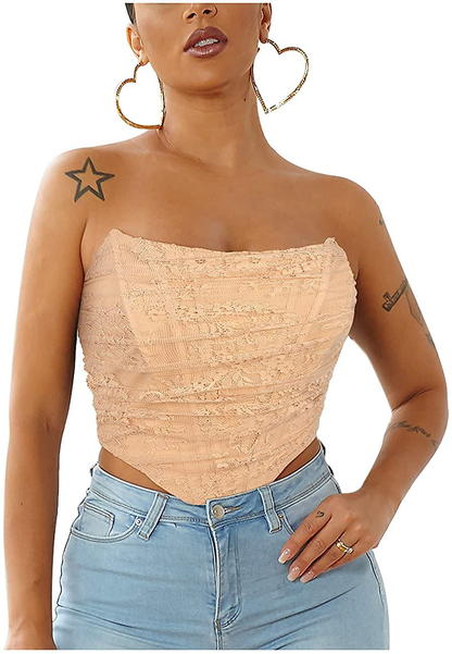Junova Women'S Sexy Strapless Floral Lace Bustier Open Back Boned Corset Crop Top Apparel & Accessories > Clothing > Underwear & Socks > Lingerie Junova   