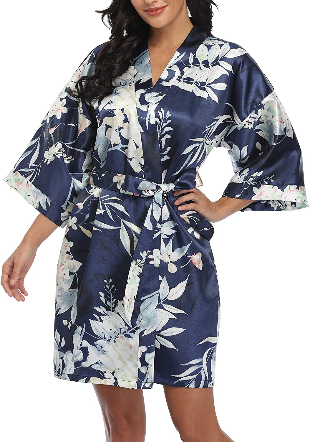 VOGMATE Women'S Floral Satin Short Robe for Bridesmaid Bride Silk Kimono Robe Dressing Gown for Wedding Party Apparel & Accessories > Clothing > Sleepwear & Loungewear > Robes VOGMATE Floral-navy B Small 