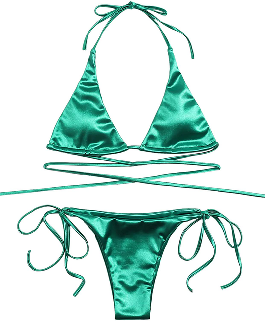 SOLY HUX Women'S Metallic Halter Top Two Piece Swimsuit Tie Side Triangle Bikini  Kylie Max   